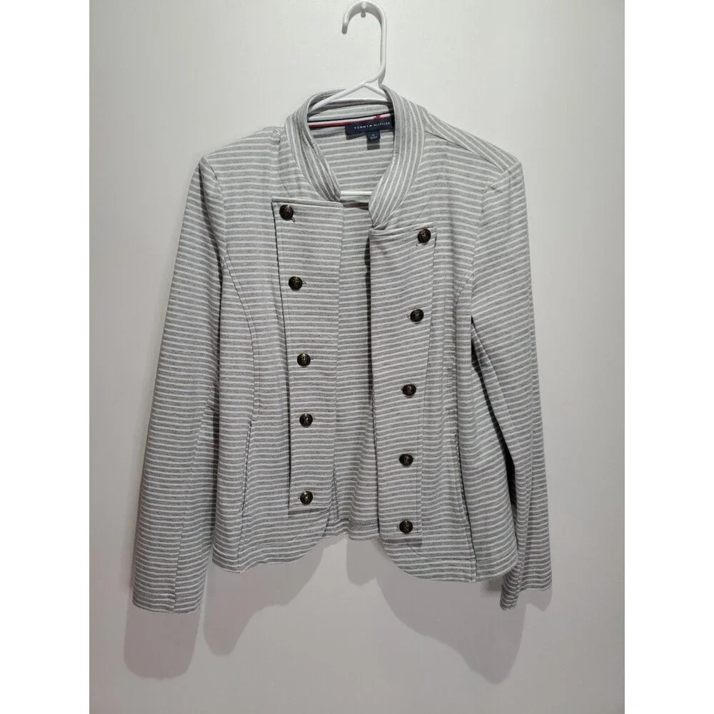 Tommy Hilfiger Button Up Jacket Gray Striped Casual w Pockets‎ Womens Medium